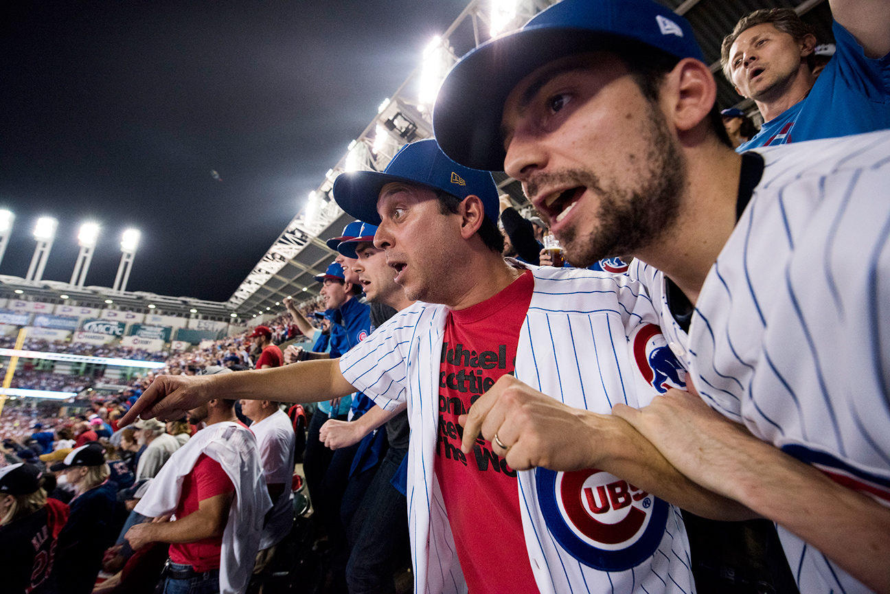 CLEVELAND, OH - NOVEMBER 2: Chicago Cubs fans react to a Chicago Cubs score during Game Seven of the 2016 World Series at Progressive Field in Cleveland, Ohio on November 2, 2016.(Matthew Thomas for ESPN)